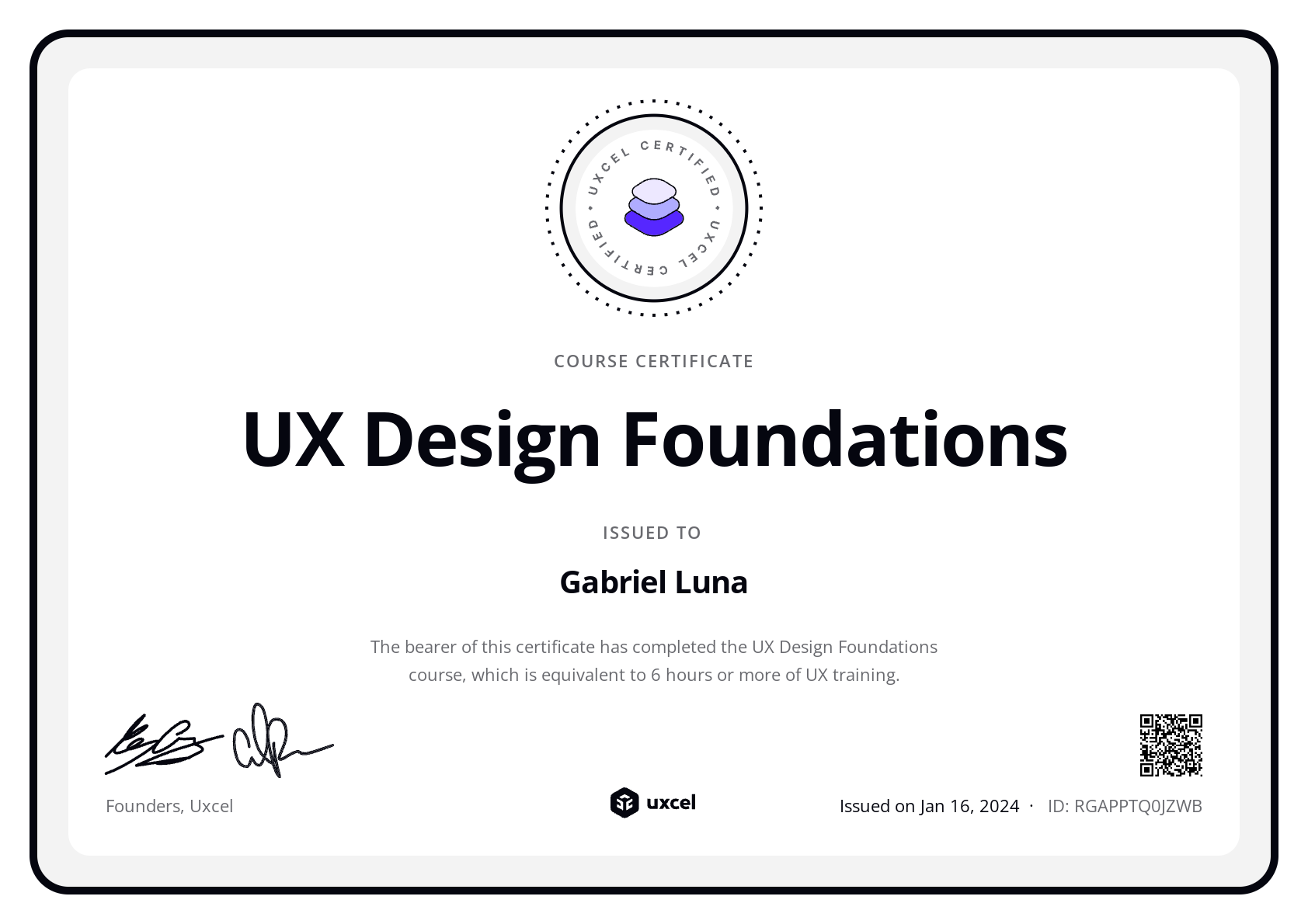 Gabriel Luna's certificate